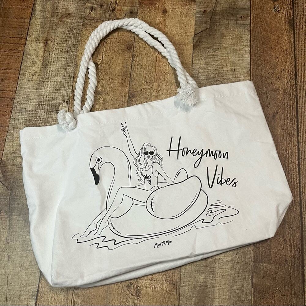 Honeymoon Vibes Miss to Mrs White Canvas Nautical Rope Bag Tote Carryall